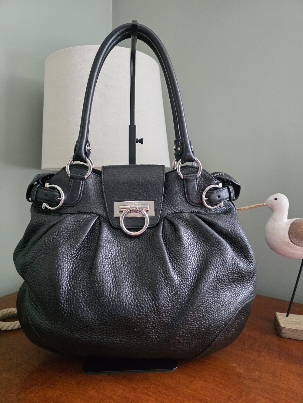 Salvatore Ferragamo Gancini Pebbled Leather Satchel Black Shoulder Bag Italy